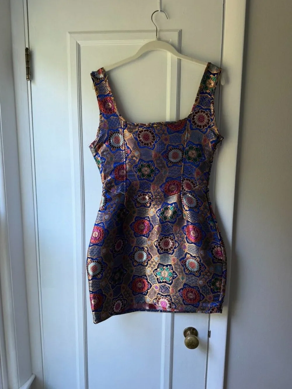 PrettyLittleThing Multi Jacquard Oriental Square Neck Bodycon Dress Size 6 - Picture 4 of 4